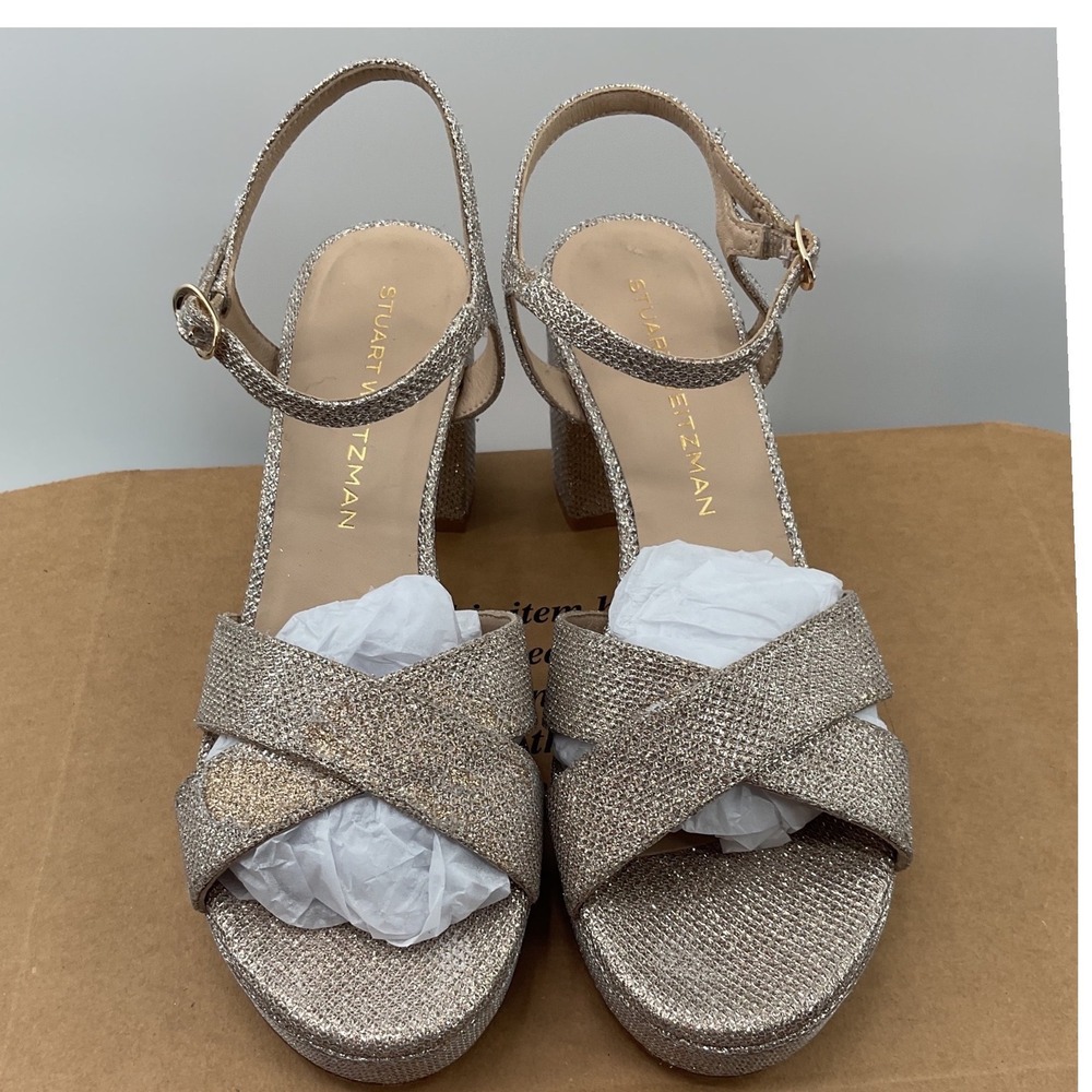 Stuart Weitzman Metallic Champagne Glitter Platform Block Heel Sandals Spain 9